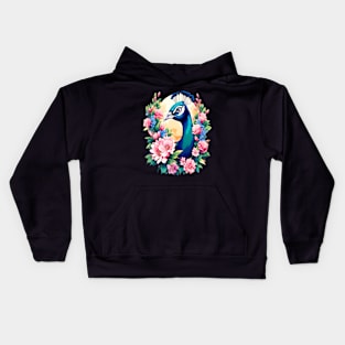 A Cute Peacock Surrounded by Bold Vibrant Spring Flowers Kids Hoodie